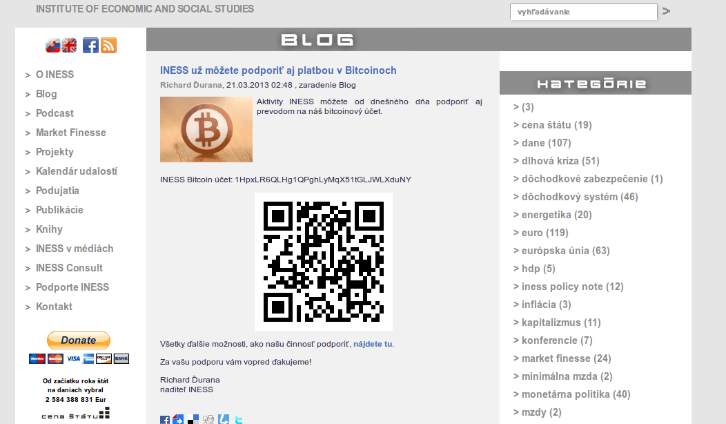 INESS akceptuje bitcoin. Think-tank možno podporiť aj kryptomenou